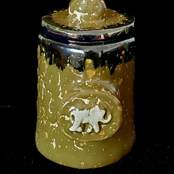 Handmade Small Ceramic Stash Jar with Elephant in Crackled Army Green Glaze with - Picture 9 of 13